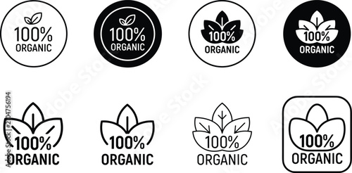 100 Percent Organic Badge Collection with Leaf Certification Labels and Eco Vector Icon Set