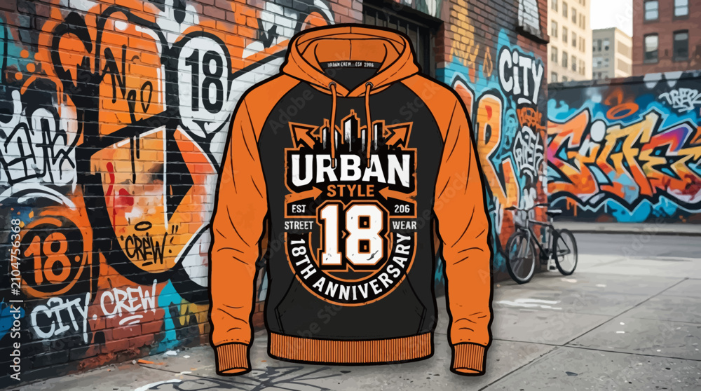 Naklejka premium A stylish orange and black hooded sweatshirt displayed against a graffiti wall