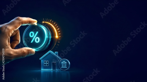 Interest rate decrease for business loan and home finance with hand holding percent icon above house icon on dark blue background