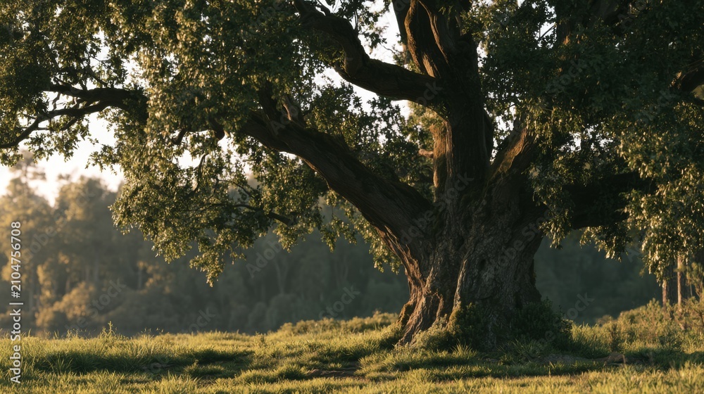 Fototapeta premium Majestic old tree with lush green leaves standing in peaceful natural setting at sunset casting beautiful shadows on the grass landscape
