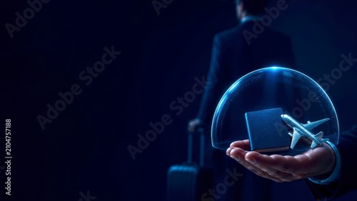 Business travel airplane suitcase hand airport businessman glass dome protection security concept journey transport luggage male suit dark background blue light isolated copy space corporate