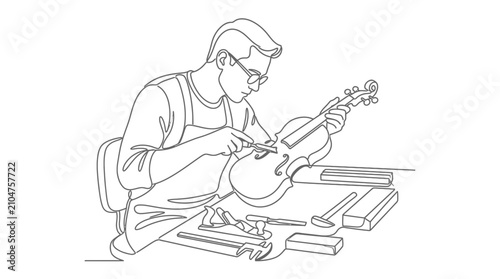 Foto Continuous line art illustration of a luthier crafting a wooden violin in his workshop