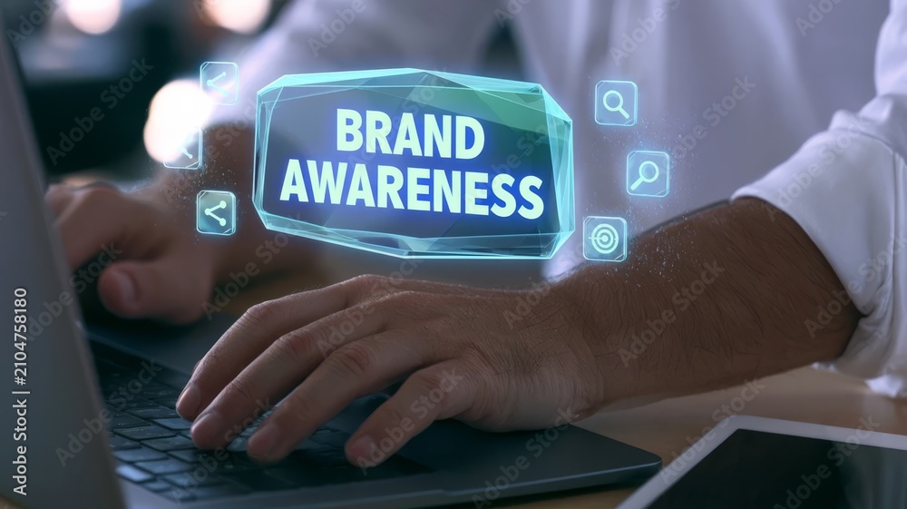 Fototapeta premium Professional businessman working on laptop with holographic awareness icon for digital marketing growth strategy concept.