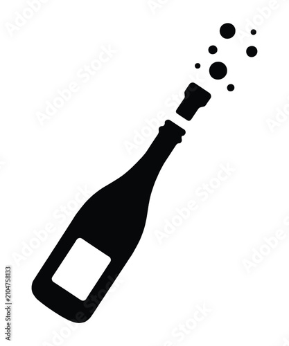 Champagne bottle icon with popping cork and splashing bubbles