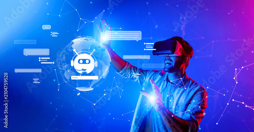 Photography This image illustrates a user immersed in virtual reality while engaging with a chatbot, highlighting the intersections of AI, machine learning, and innovative technology