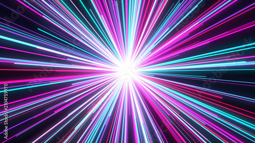 Fotografie Procedural Art of abstract pink and cyan neon light rays radiating background