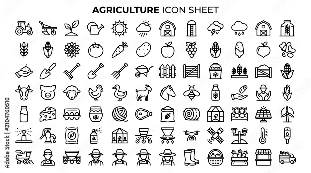 Obraz premium Aguricultre icon sheet: Hand Drawn Vector Icon Set with Doodle Web Business Social Media Music Food Mobile Phone Computer and Internet Symbols for Design Illustration