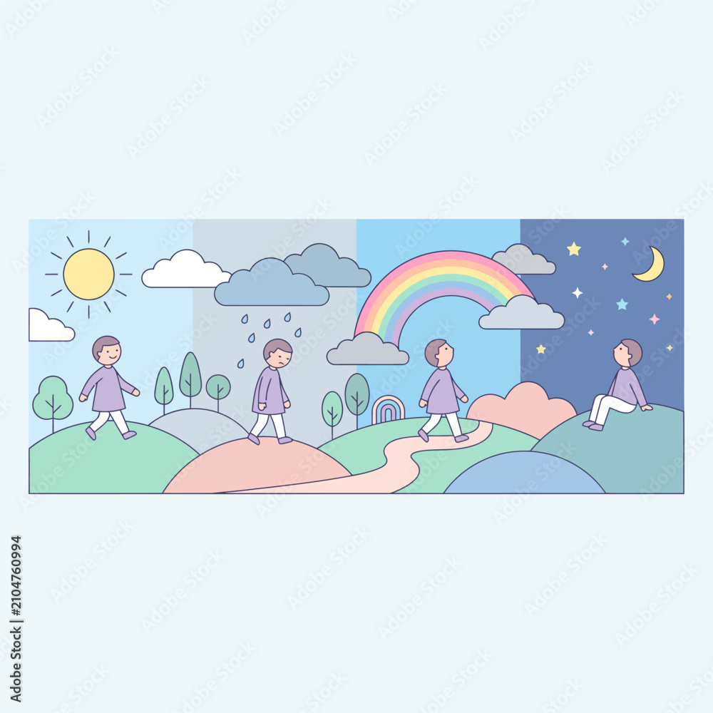 Obraz premium A journey through different weather conditions, from sunshine to rain, a rainbow, and finally nighttime, illustrating a progression of environmental changes