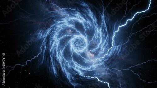 Electric blue lightning spiral in space with stars and cosmic energy swirl