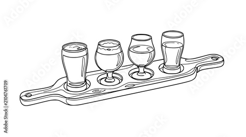 Fotografía Beer Flight Sampler on Wooden Board - Hand Drawn Sketch Illustration