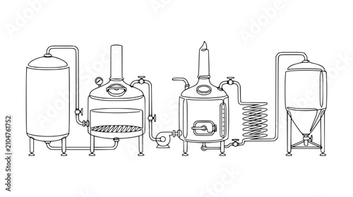 Industrial Brewery Equipment Line Drawing, Craft Beer Production Process Illustration