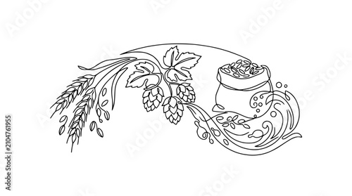 Obraz na plátně Brewing ingredients: wheat, hops, grain sack, and flowing water, line art illustration