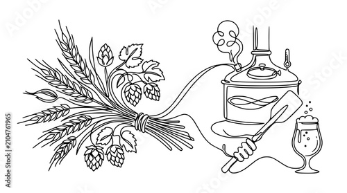 Foto Craft Beer Brewing: Wheat, Hops, Still, and Glass - Line Art Illustration