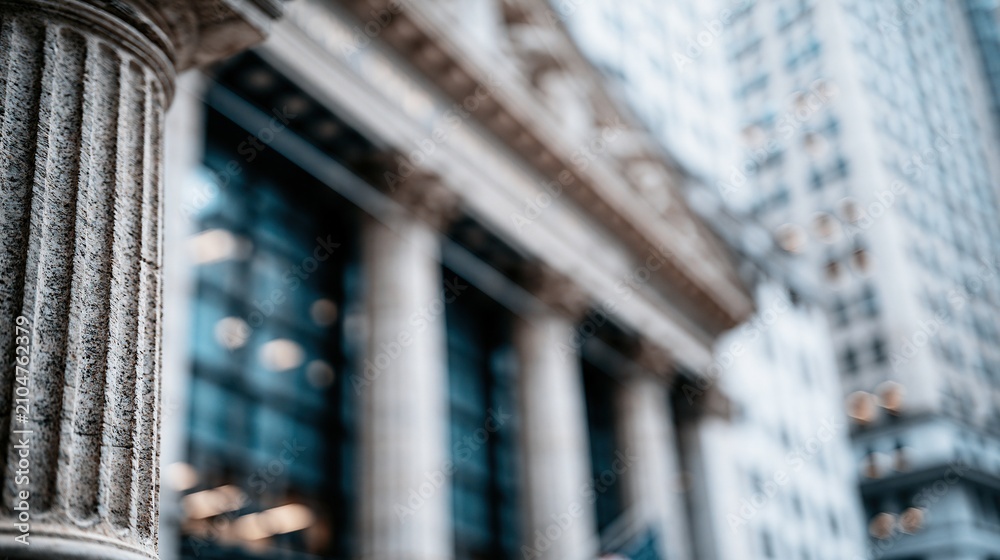 Obraz premium Close-up of a classical stone column against a blurred modern financial building, symbolizing finance and business