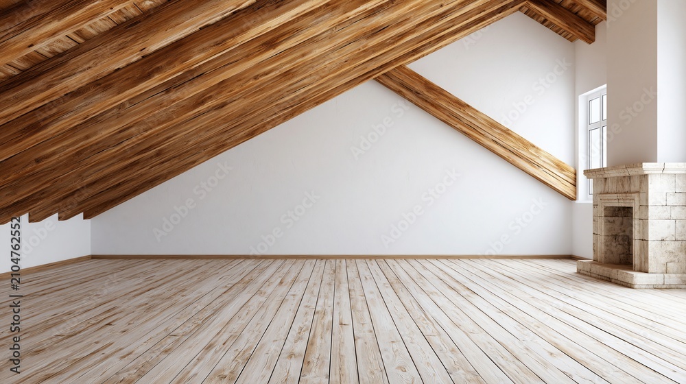 Obraz premium Empty Attic Room with Exposed Wooden Beams, White Walls, and Rustic Fireplace