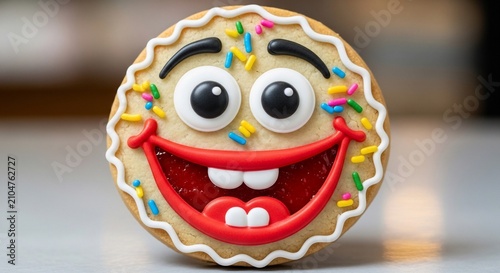 Joyful Cookie Face: A Sweet, Whimsical Treat Bursting with Colorful Sprinkles and a Wide, Happy Smile.