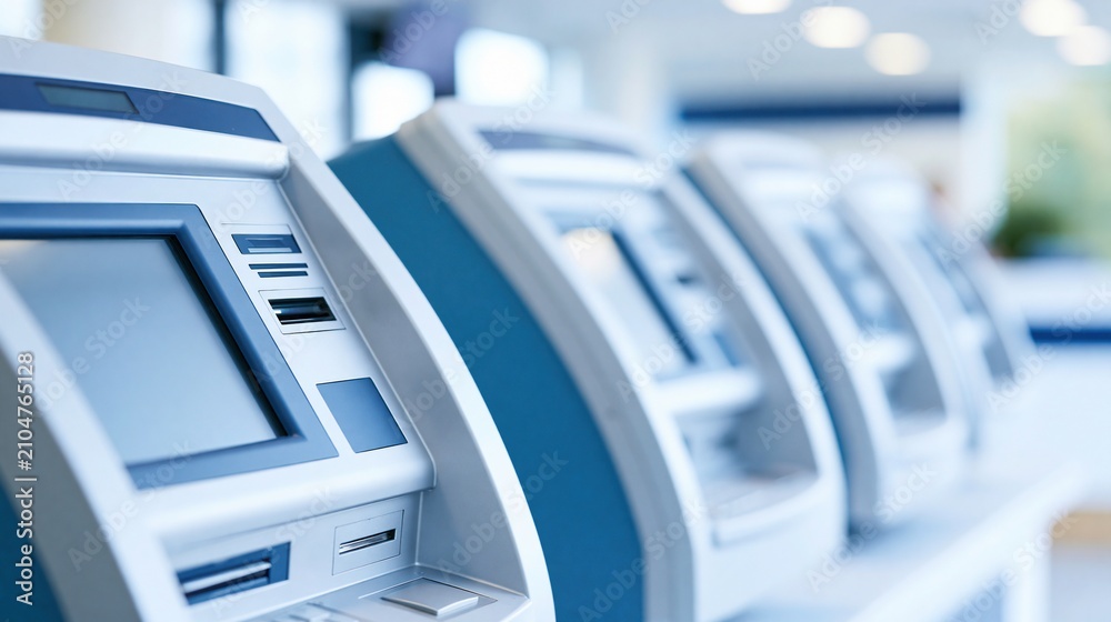 Obraz premium Row of modern self-service ATMs lined up in a bank or financial institution lobby, displaying screens
