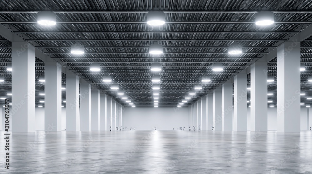 Obraz premium Expansive, brightly lit industrial warehouse interior with modern architectural design and polished concrete floor
