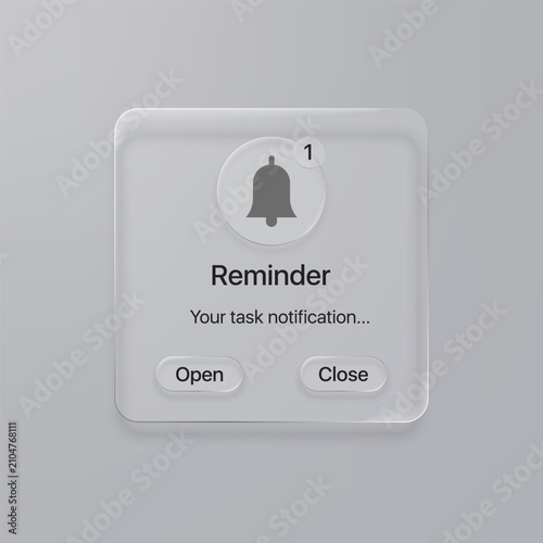 Liquid glassmorphism reminder notification ui with bell icon and action buttons vector illustration