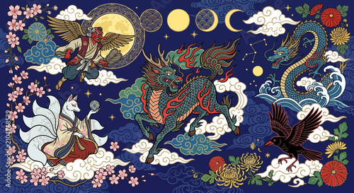 Mythical Creatures, Celestial Bodies, and Japanese Folklore Elements on Navy Background