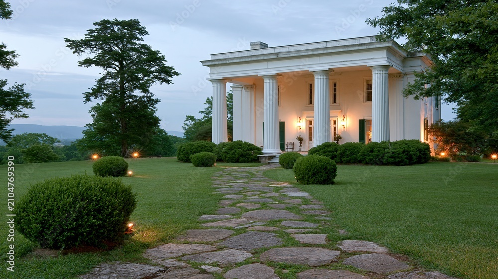Obraz premium Elegant Southern Antebellum Mansion with Grand Columns and Stone Pathway at Dusk