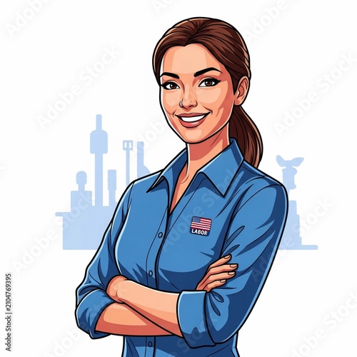 Confident Woman in Blue Shirt, Stylized Illustration with Cityscape Silhouette, Warm Lighting