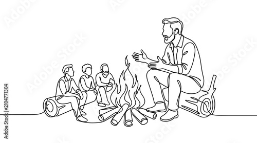 Foto Continuous line art of a man telling stories to children by a campfire