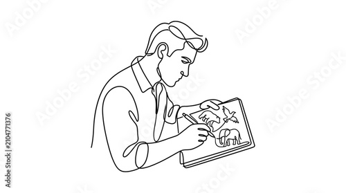 Continuous line drawing of an artist sketching an elephant illustration.