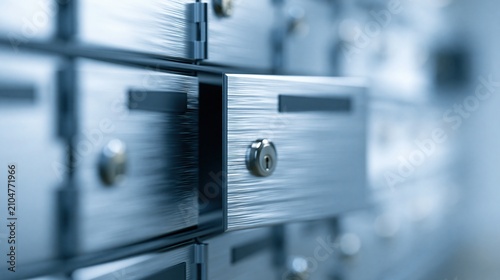 Close-up of secure metal safe deposit boxes with one partially open, highlighting security and storage