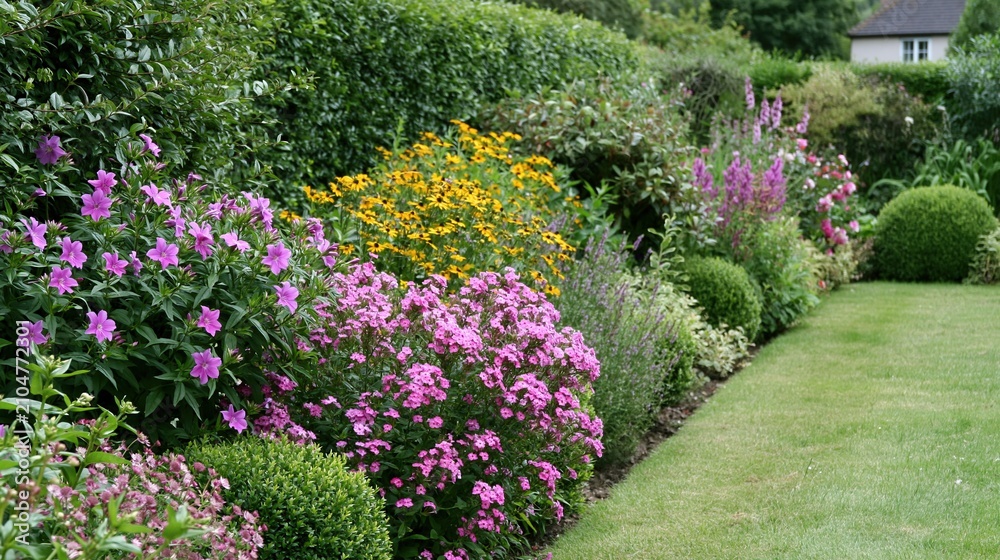 Fototapeta premium Lush English garden borders filled with vibrant pink, purple, and yellow summer flowers and manicured greenery