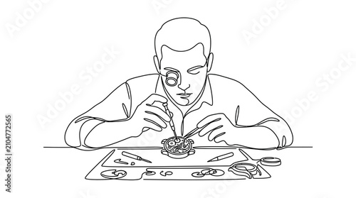 Fotografie Continuous line drawing of a watchmaker repairing a mechanical timepiece