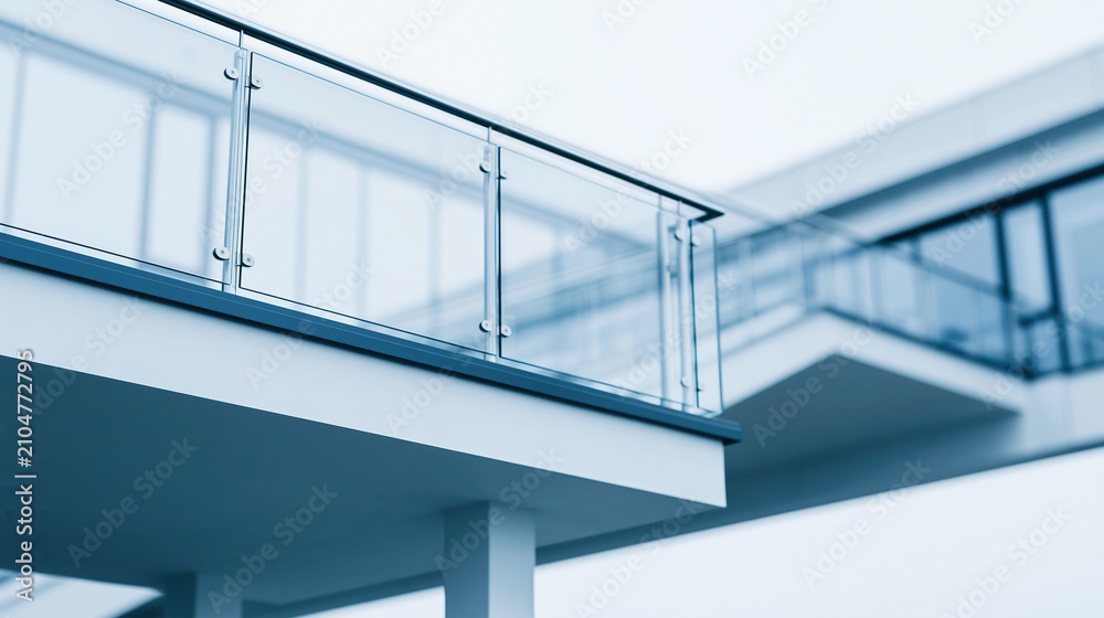 Obraz premium Modern building exterior featuring glass railings and white concrete balconies under a bright sky