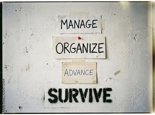Handwritten Notes Reading Manage, Organize and Advance Taped to a Weathered White Wall Above the Stenciled Word Survive, Business Motivation and Personal Growth Concept