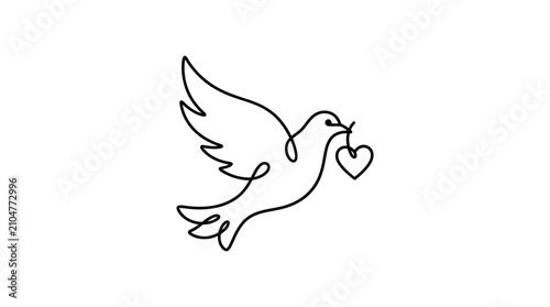 Obraz na płótnie Minimalist continuous line drawing of a flying dove holding a heart symbol