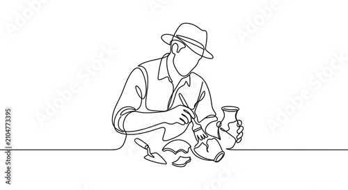 Quadro su tela Continuous line drawing of an archaeologist working on pottery artifacts