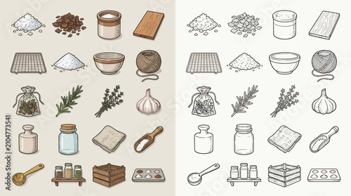 Bild auf Leinwand Collection of ingredients and tools for cooking and baking, presented in both color and outline versions