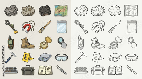 Canvastavla Collection of geological survey and prospecting equipment icons, including rocks, maps, tools, and safety gear