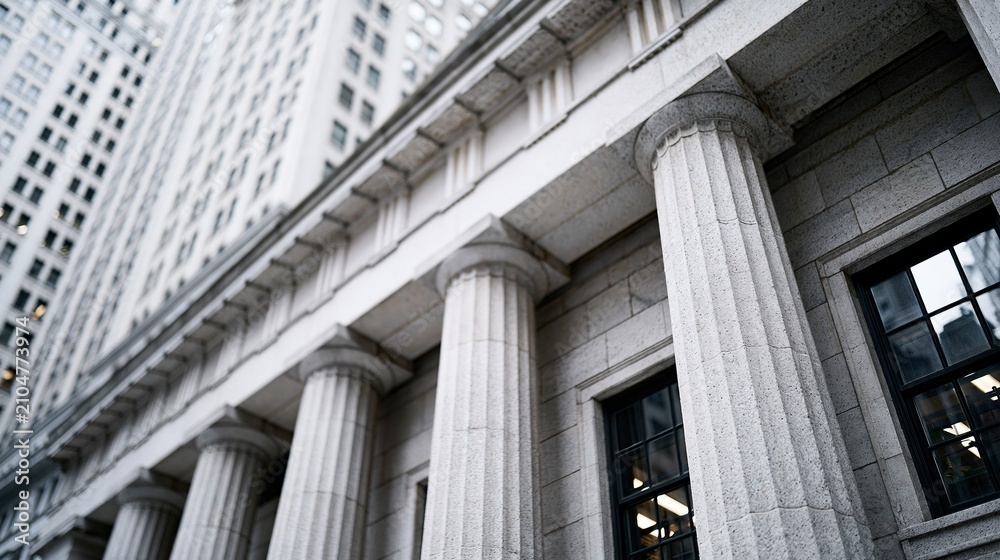 Obraz premium Classic Stone Columns and Tall Buildings Representing Finance, Law, and Government Institutions