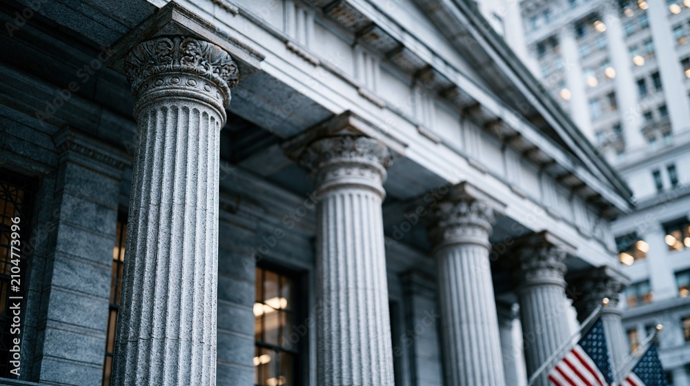 Obraz premium Grand Neoclassical Architecture with Ionic Columns and American Flags, Symbolizing Justice and Authority