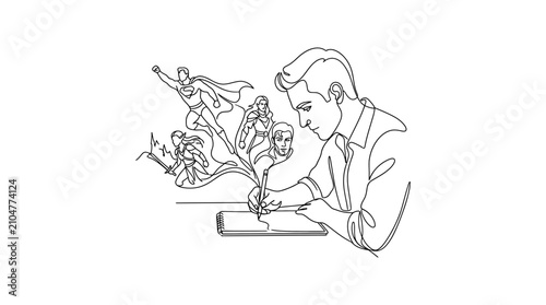 A male artist drawing superheroes on a digital tablet in a continuous line art style.