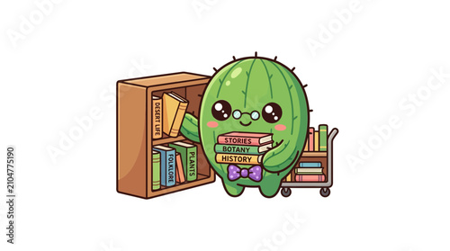 Photos Cute Kawaii Cactus Character with Glasses and Books, Reading and Learning