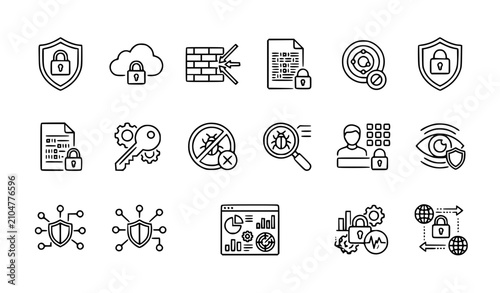 Cybersecurity and data protection thin line icon set editable stroke technology vector