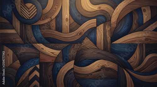 Foto Abstract wood mosaic pattern with swirling blue and brown tones, modern graphic design for interior decor and wallpaper applications