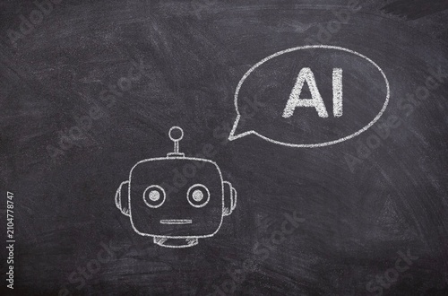 Robot Head with Speech Bubble Containing “AI”, Hand-Drawn Chalk Illustration on Blackboard, Minimal Digital Chalkboard Sketch, Artificial Intelligence Communication Concept Visualization