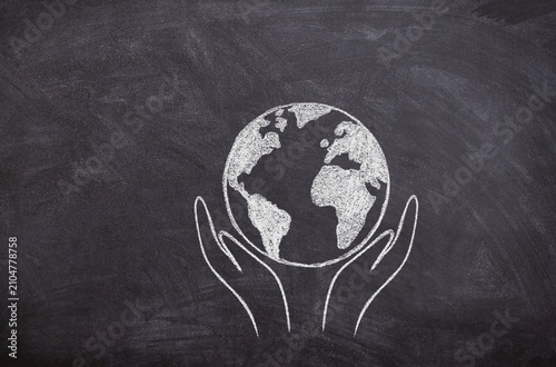 Earth Held by Two Hands from Below, Hand-Drawn Chalk Illustration on Blackboard, Minimal Digital Chalkboard Sketch, Environmental Protection and Sustainability Concept Visualization