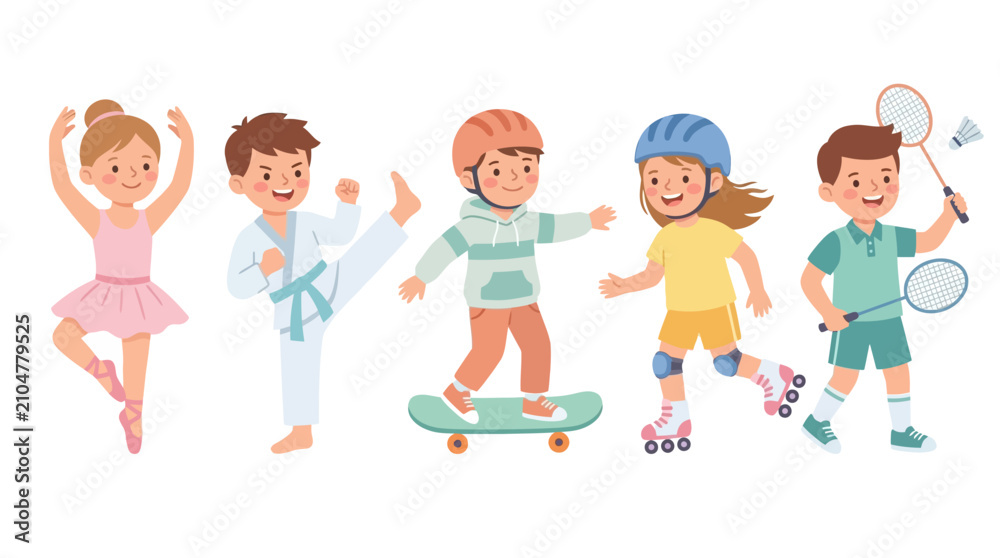 Fototapeta premium Children Enjoying Various Recreational Activities Including Dance Skating and Playing with a Net on a Bright Day