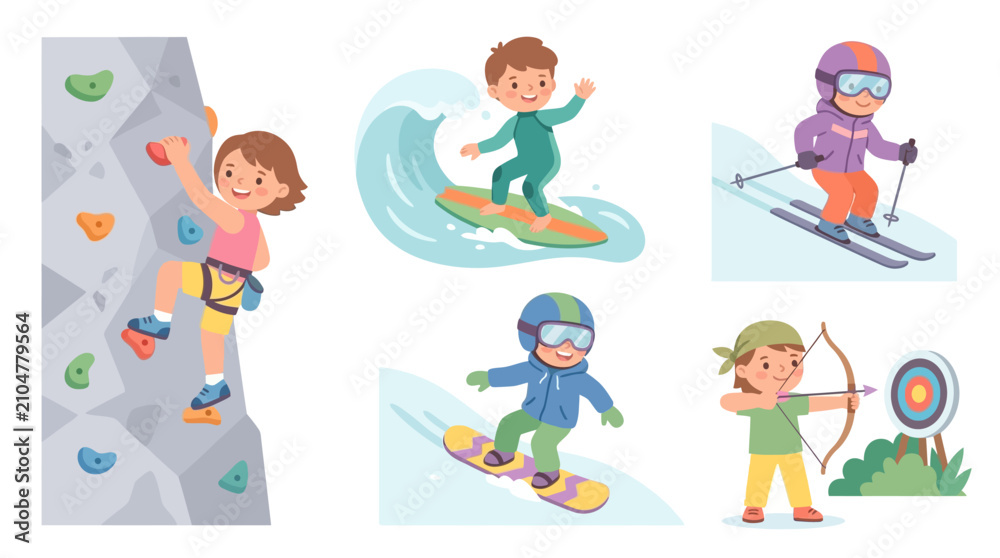 Fototapeta premium Children Engaged in Outdoor Sports Activities Including Rock Climbing Surfing and Archery Inspired by Adventure and Nature