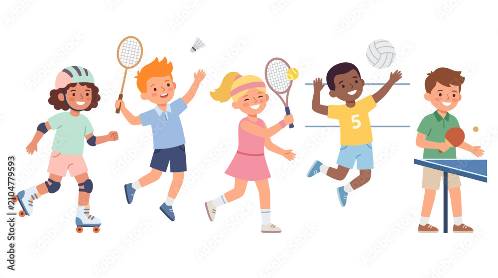 Fototapeta premium Children engaged in various sports activities including roller skating tennis volleyball and table tennis in a playful outdoor