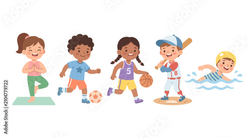 Children Engaged in Various Sports and Recreational Activities in a Bright Playful Scene