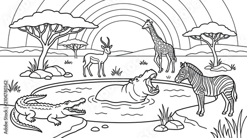 Obraz na plátně Coloring page of african safari animals at waterhole with rainbow